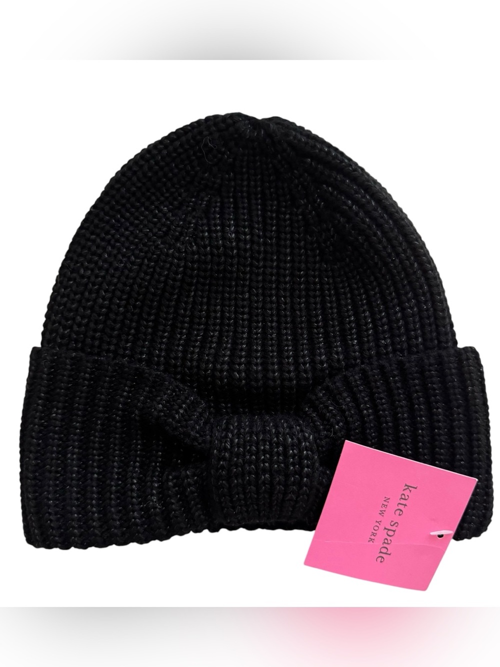 kate spade Black Ribbed Knit Bow Cuffed Beanie